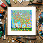 Colourful abstract artwork on a wooden surface with art supplies