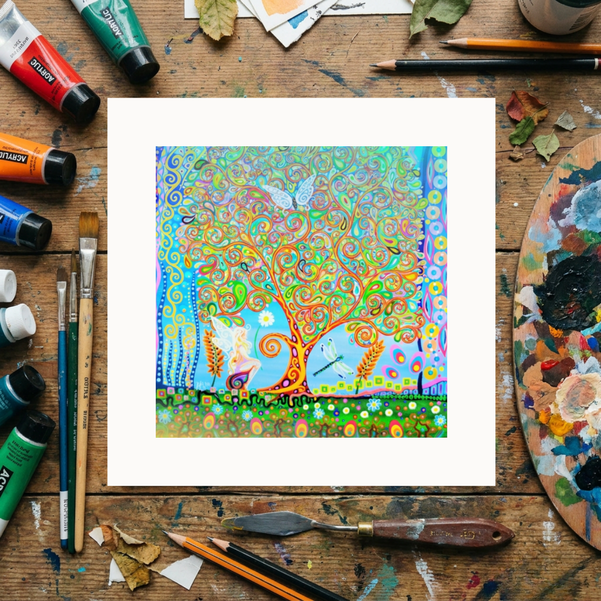 Colourful abstract artwork on a wooden surface with art supplies