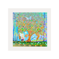 Colourful abstract artwork of a tree with animals on a white background