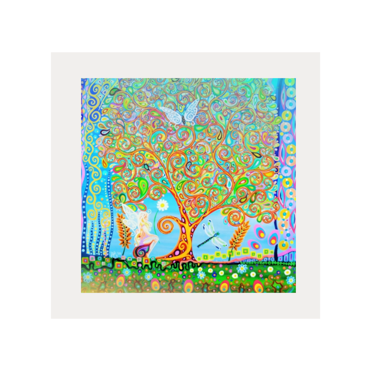 Colourful abstract artwork of a tree with animals on a white background