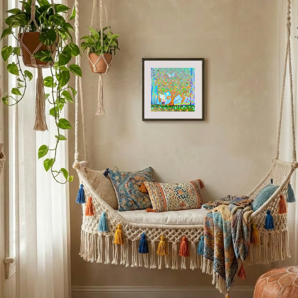 Decorative indoor swing with colourful pillows and a framed painting on the wall.