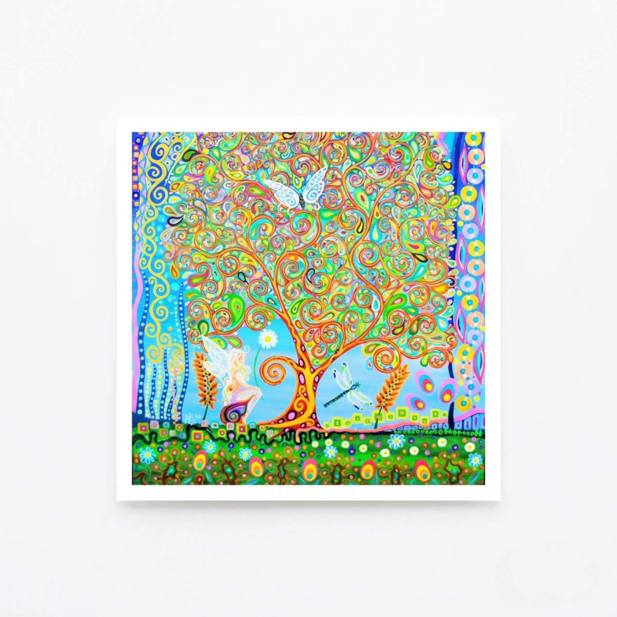 Colourful abstract artwork with trees, fairy, animals, and butterflies on a white background