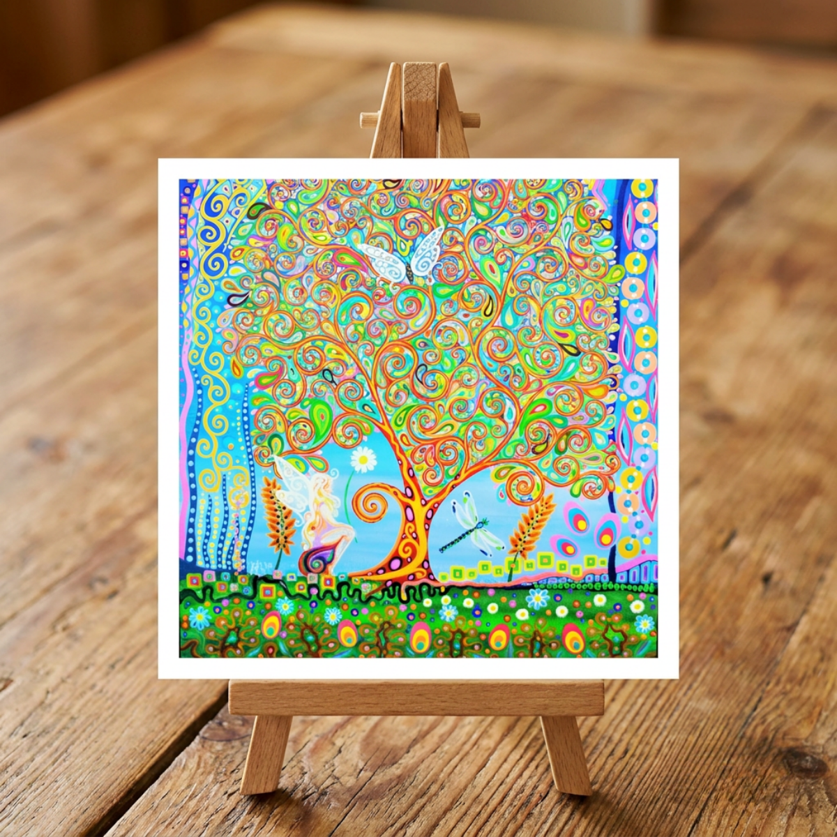 Colourful abstract artwork greeting card of a Fairy Tree on a small easel against a wooden background