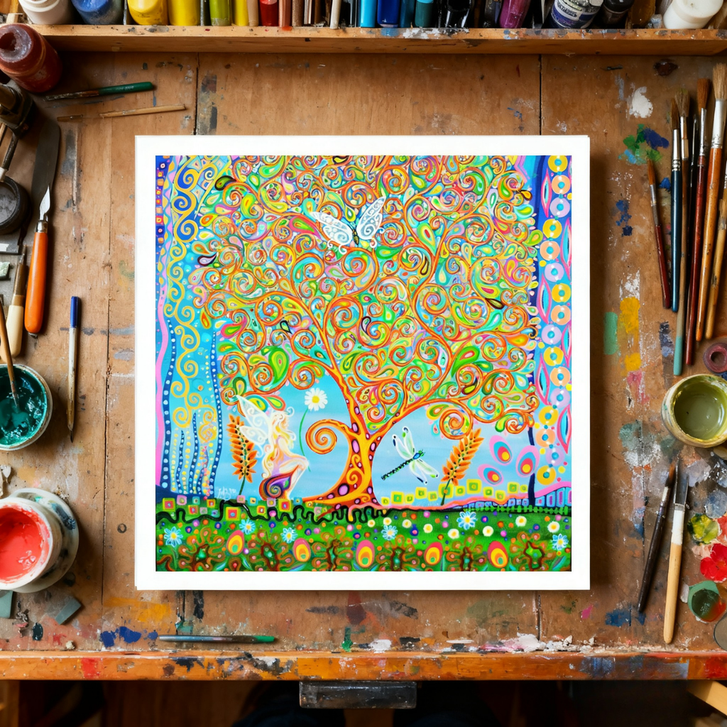 Colourful abstract artwork greeting card with a tree and fairy on a wooden artist's table with painting supplies.
