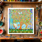 Colourful abstract artwork greeting card with a tree and fairy on a wooden artist's table with painting supplies.