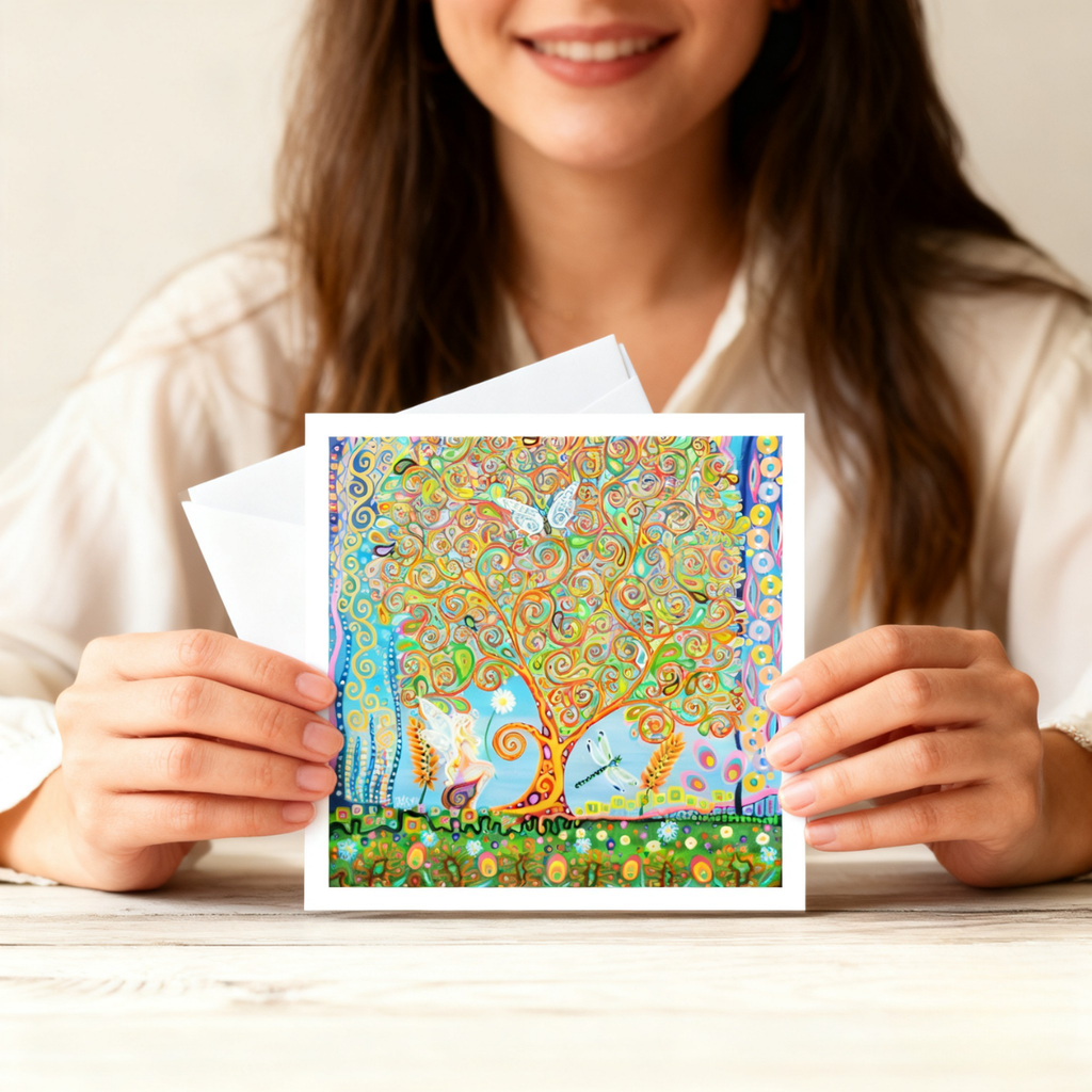 Person holding a colourful greeting card with a tree and fairy design.