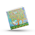 Colourful greeting card with a whimsical design of a tree of life, a fairy and animals on a white background by Mark Betson Artist