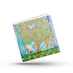 Colourful greeting card with a whimsical design of a tree of life, a fairy and animals on a white background by Mark Betson Artist