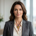 Woman wearing a grey blazer and white shirt with a yellow and copper pendant blurred background