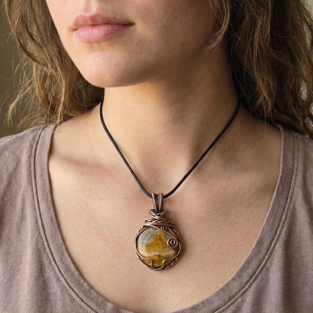 Female model wearing a tshirt and a yellow picture jasper pendant wrapped in copper wire