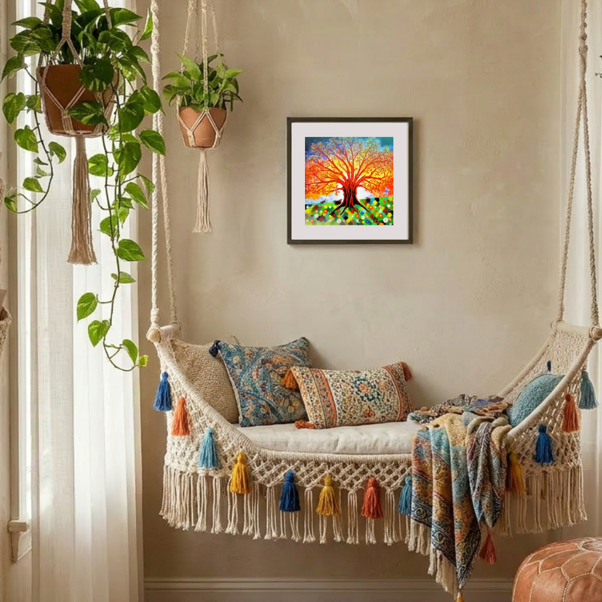 Decorative indoor swing with colorful pillows and a framed artwork on the wall.