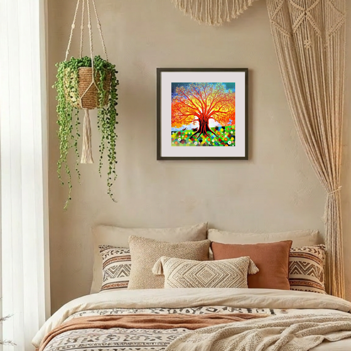 Decorative bedroom with a bed, pillows, and a colorful tree painting on the wall.