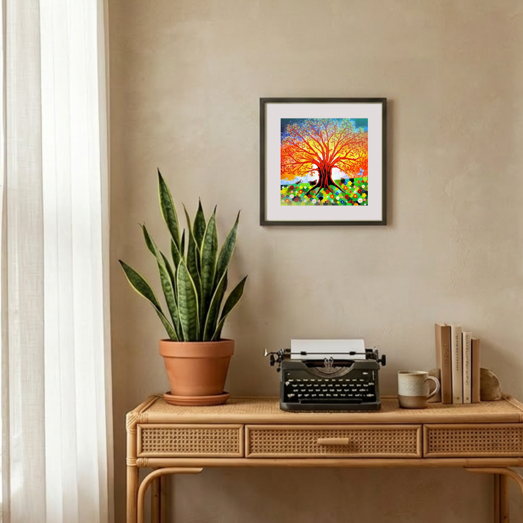 Colorful abstract painting on a wall above a wooden desk with a typewriter, plant, and books.