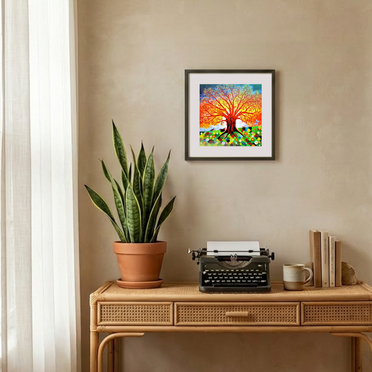 Colorful abstract painting on a wall above a wooden desk with a typewriter, plant, and books.