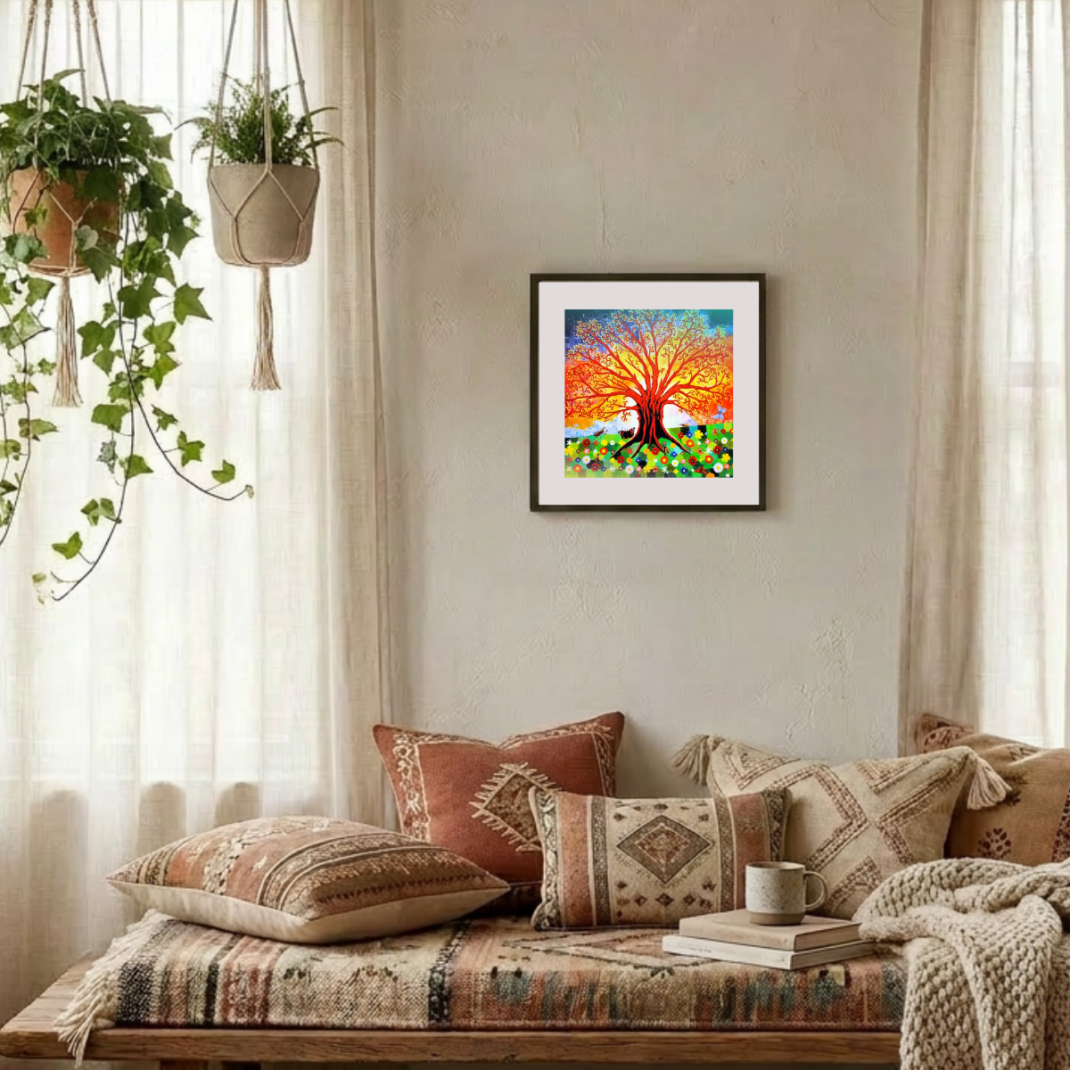 Cozy living room with a colourful abstract painting on the wall, patterned cushions, and a wooden bench.