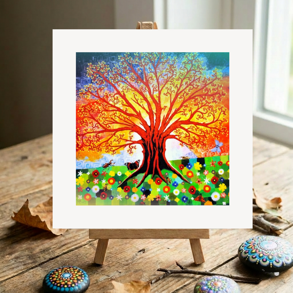 Colorful tree painting on a wooden easel with decorative stones on a wooden surface.