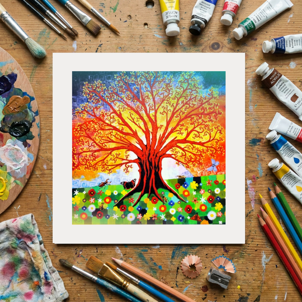 Colourful tree painting on a wooden surface with art supplies