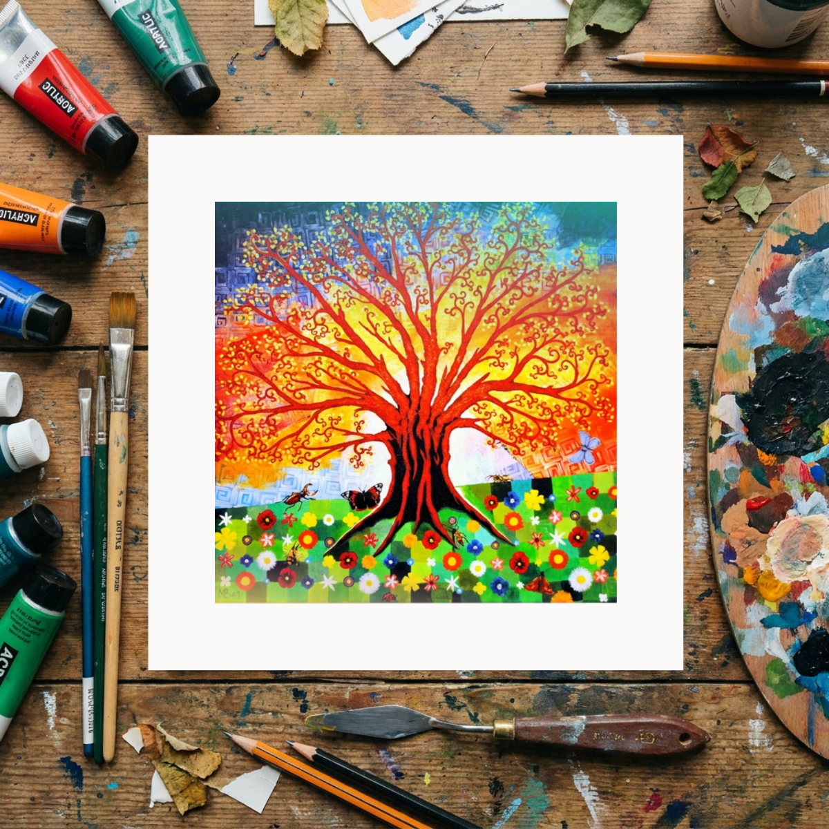 Colorful tree painting on a wooden surface with art supplies