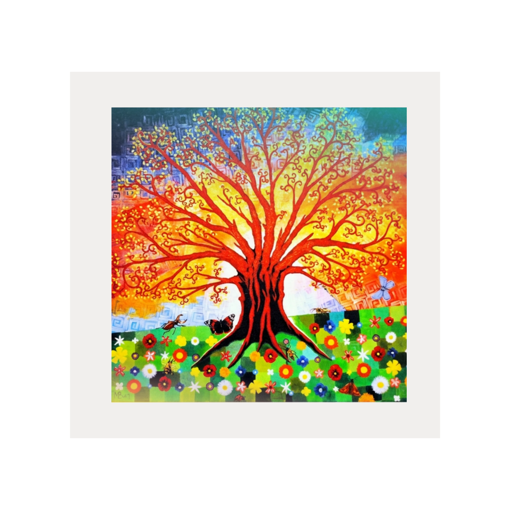 Colorful abstract painting of a tree with a white frame