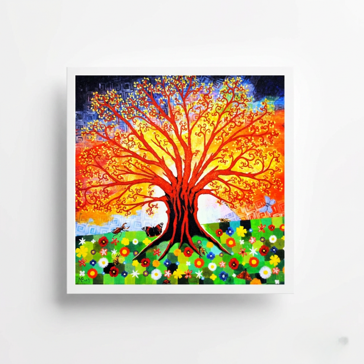 Colourful painting of a tree of life with animals and flowers on a white background