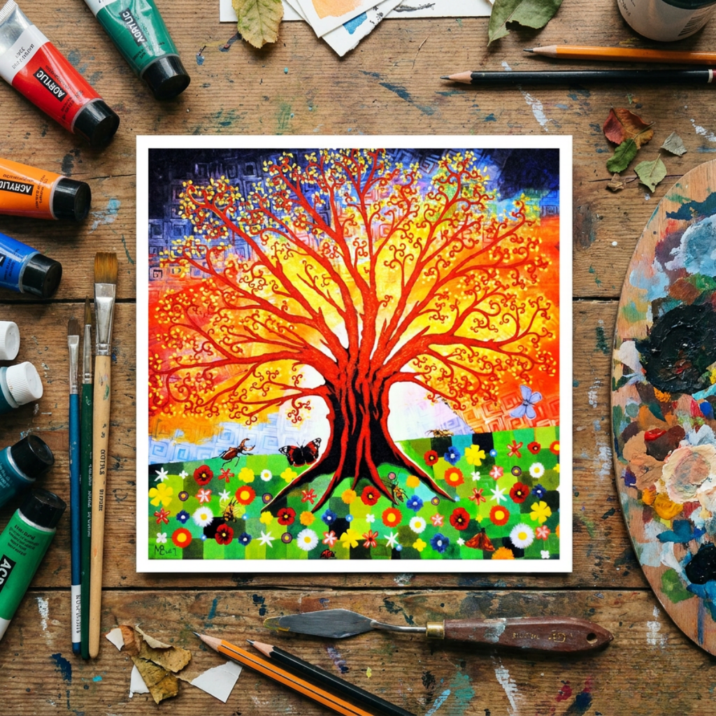 Colourful tree painting on a wooden surface with art supplies
