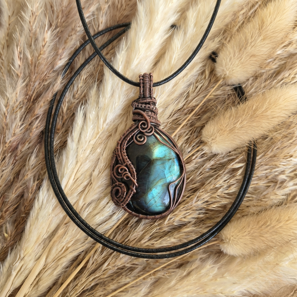 Necklace with a Labradorite pendant on a fur background