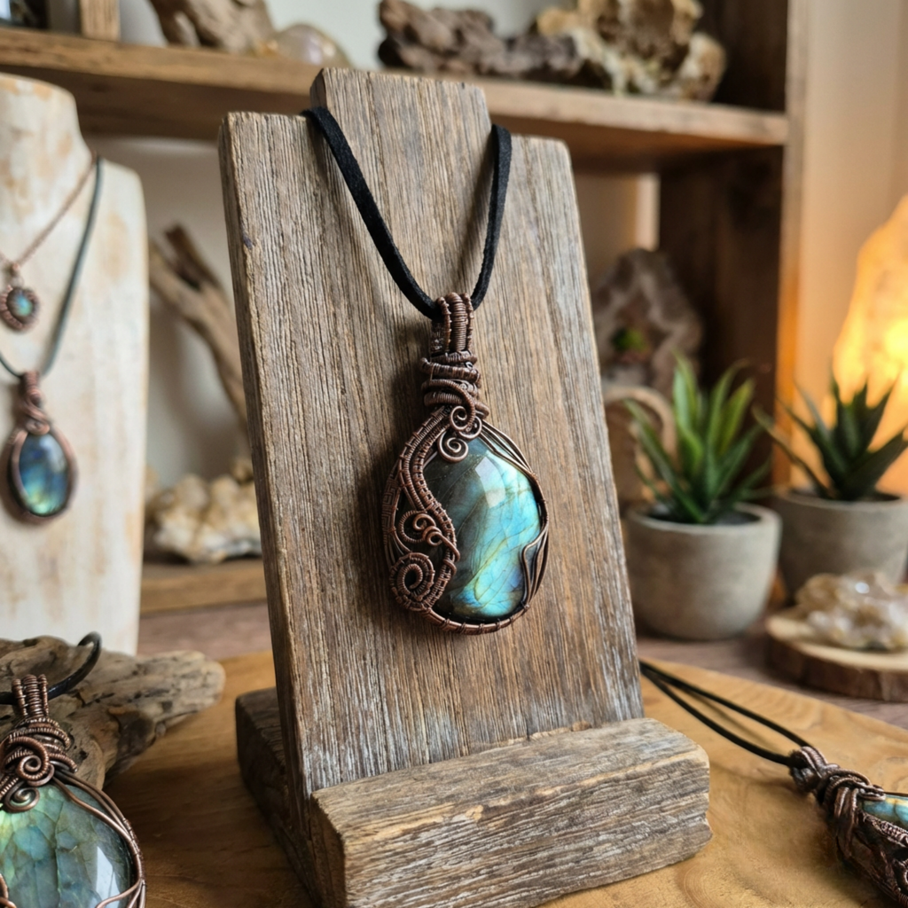 Necklace with a pendant on a wooden stand, surrounded by decorative items.