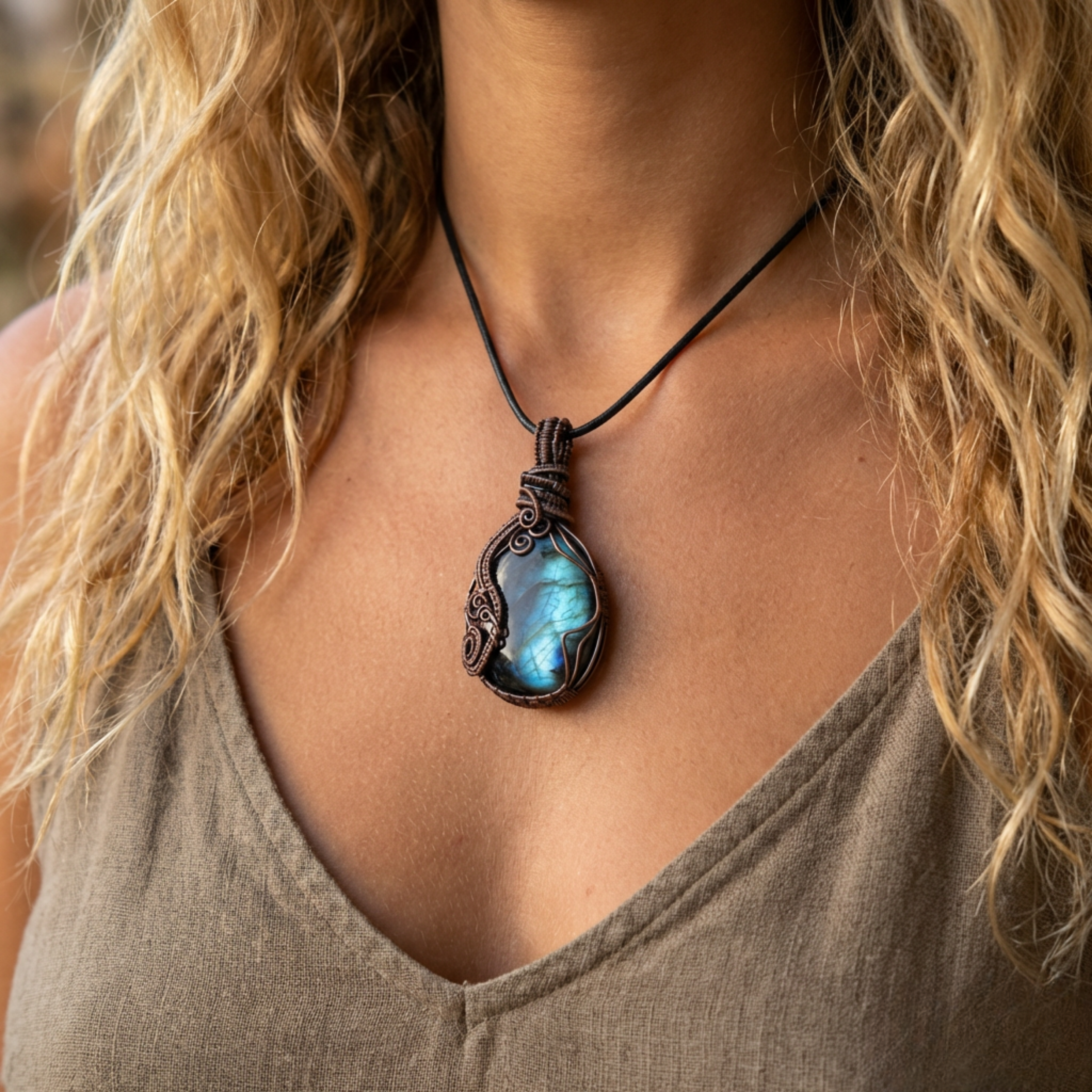 Necklace with a blue labradorite pendant worn by a person with blonde hair.