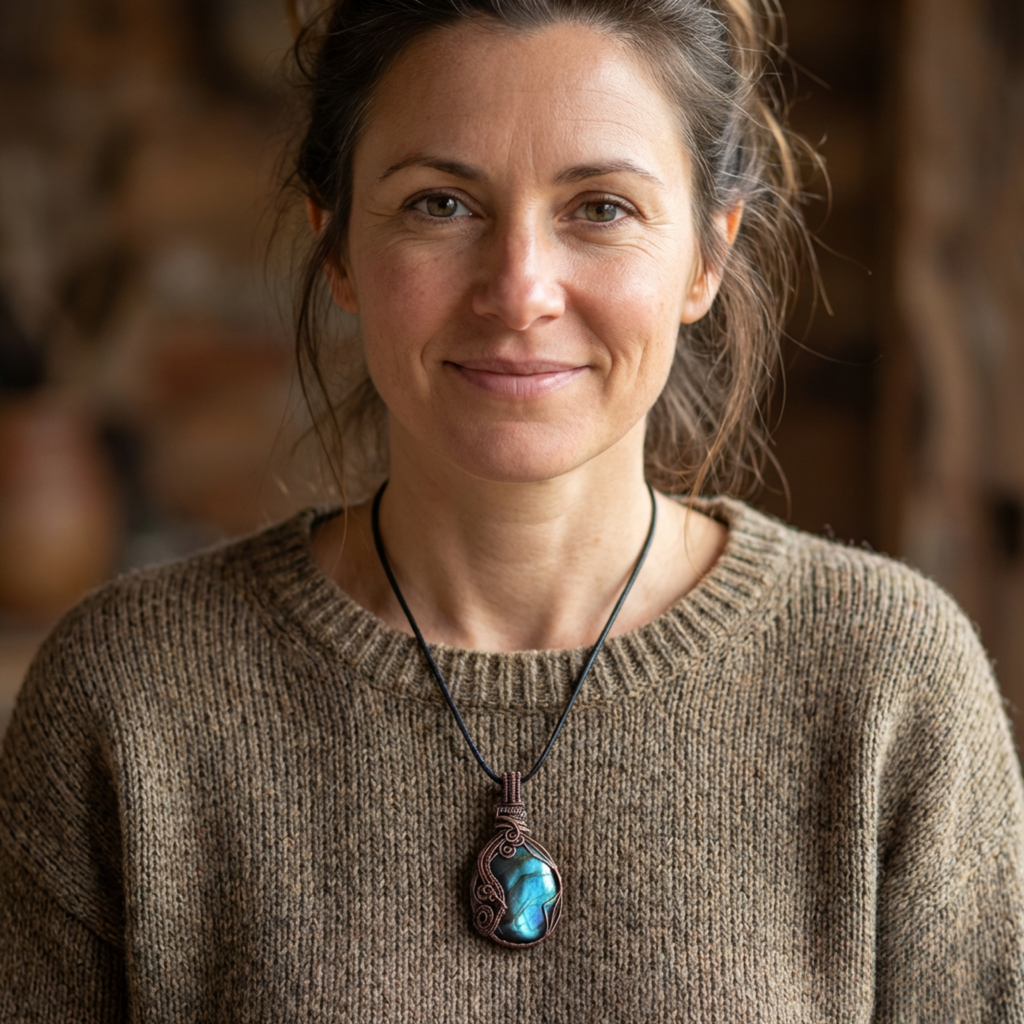Woman wearing a brown sweater with a necklace featuring a blue pendant, against a blurred background.