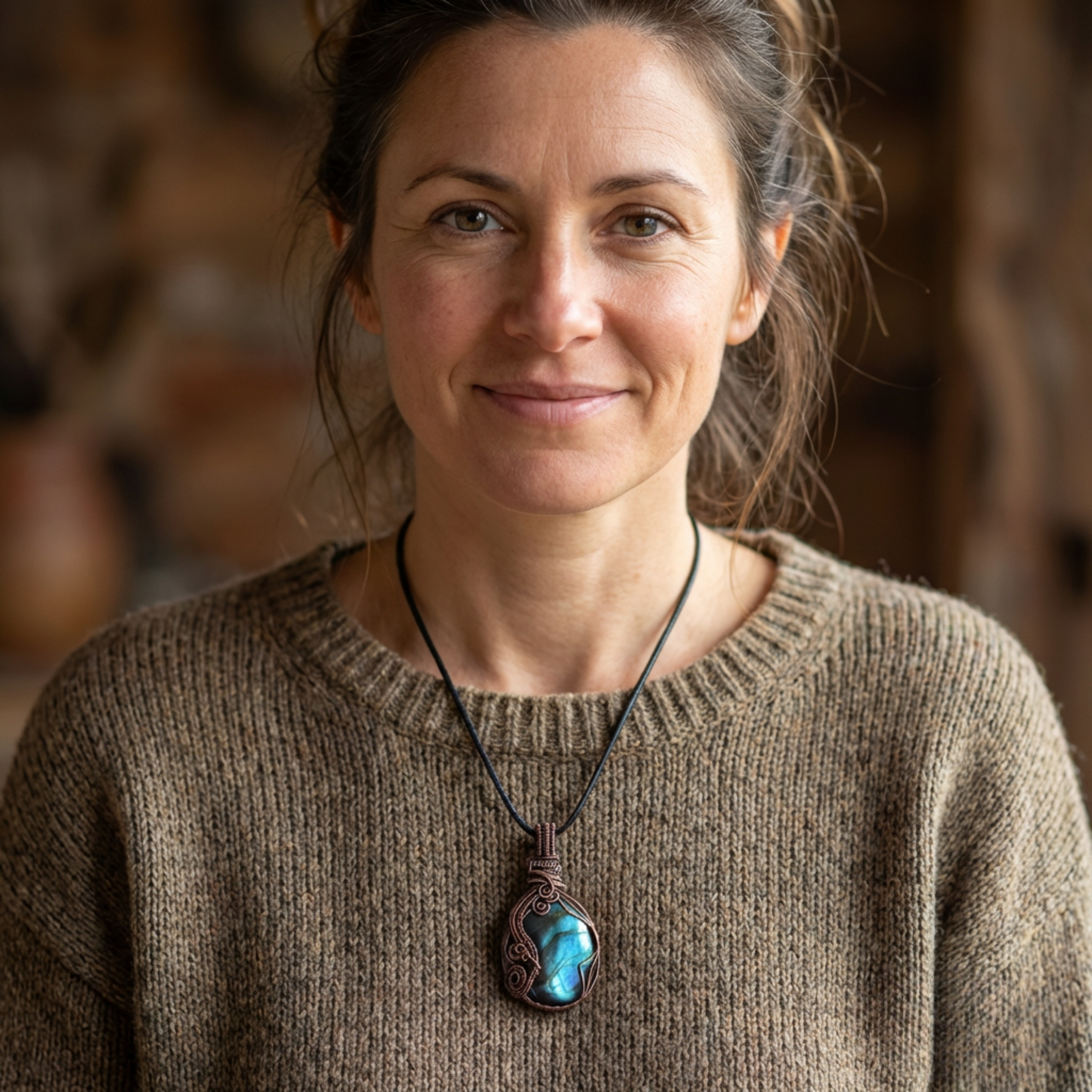 Woman wearing a brown sweater with a necklace featuring a blue pendant, against a blurred background.