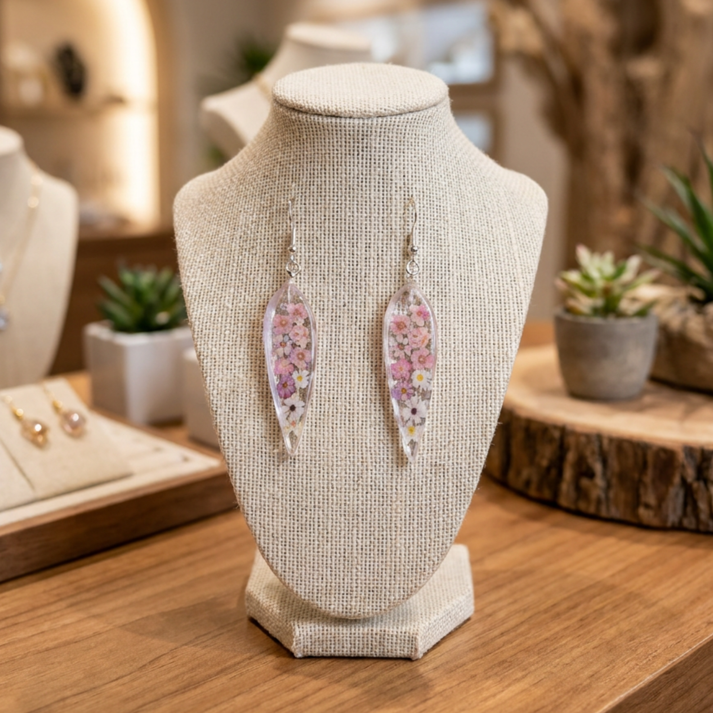 Floral feather-shaped earrings on a textured jewelry stand with a blurred background
