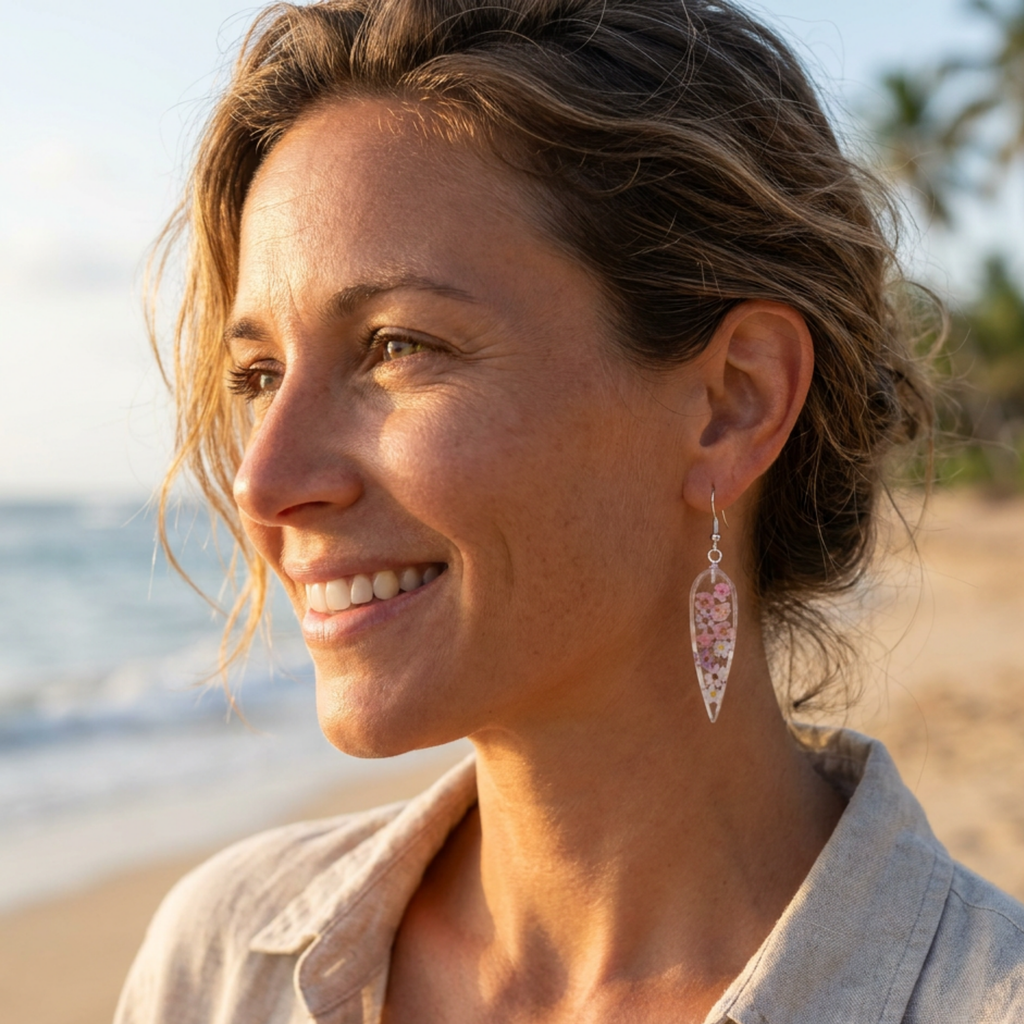 Woman with earrings on a beach