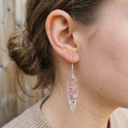 Teardrop-shaped earrings with floral design worn by a person.