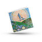 Greeting card with a colourful design of a swallow bird, flowers, and abstract patterns on a white background. By Mark Betson Artist