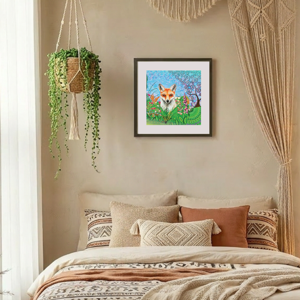 Bedroom with a fox painting on the wall, hanging plant, and patterned bedding.