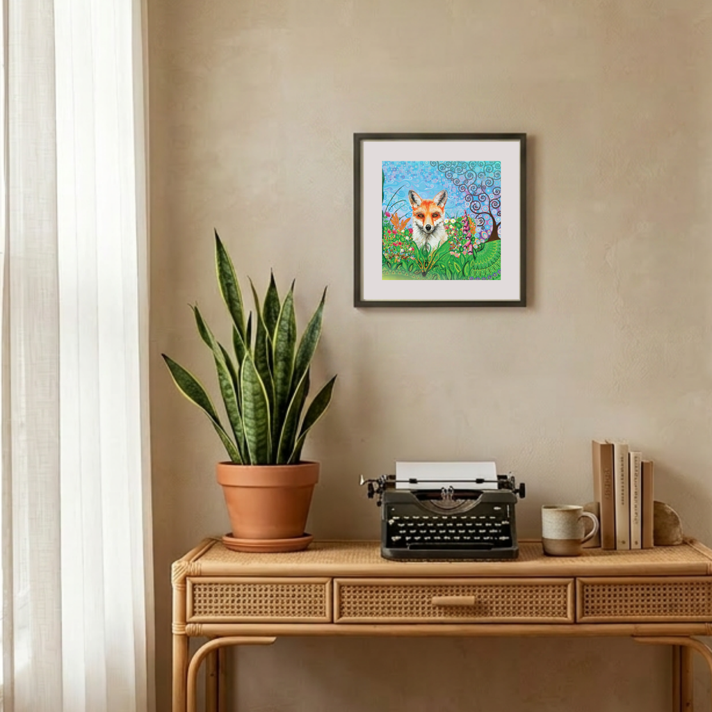Framed artwork of a fox in a garden above a desk with a plant, typewriter, and books.