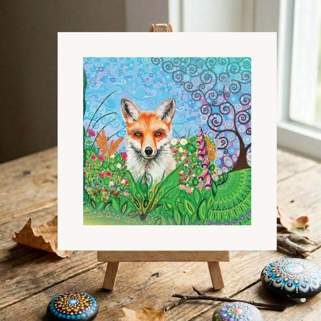 Colourful painting of a fox in a garden on a wooden easel.