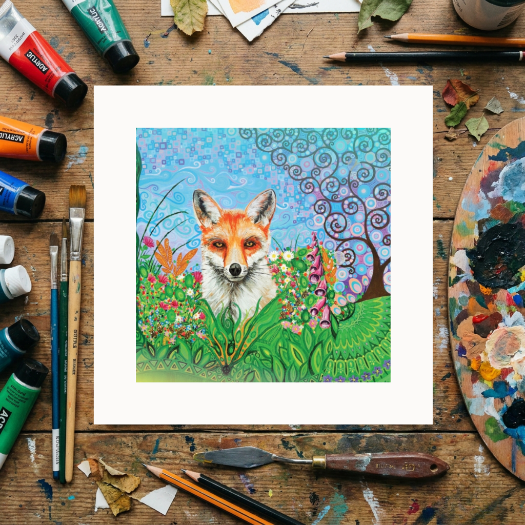 Colourful painting of a fox surrounded by flowers on an artist's table with art supplies.