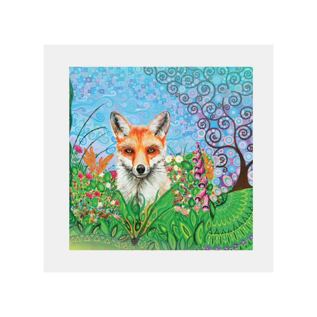 Colorful illustration of a fox in a garden with abstract patterns