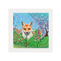 Colorful illustration of a fox in a garden with abstract patterns