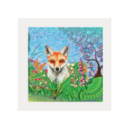 Colorful illustration of a fox in a garden with abstract patterns
