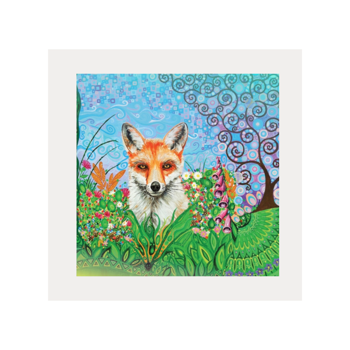 Colorful illustration of a fox in a garden with abstract patterns