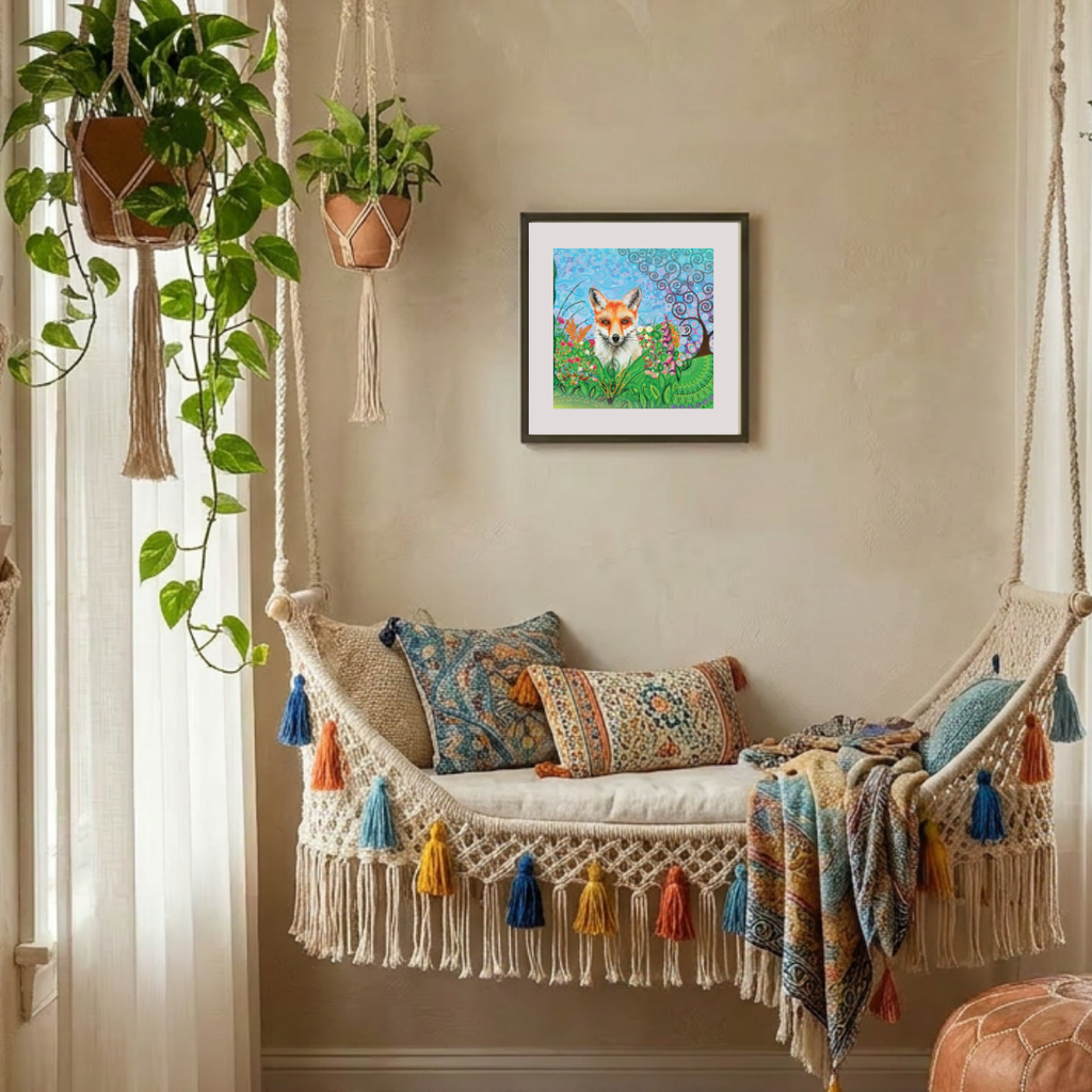 Decorative indoor swing with colourful pillows and a framed picture of a fox on the wall.