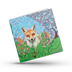 Square Greeting card with a fox illustration in a garden setting on a white background