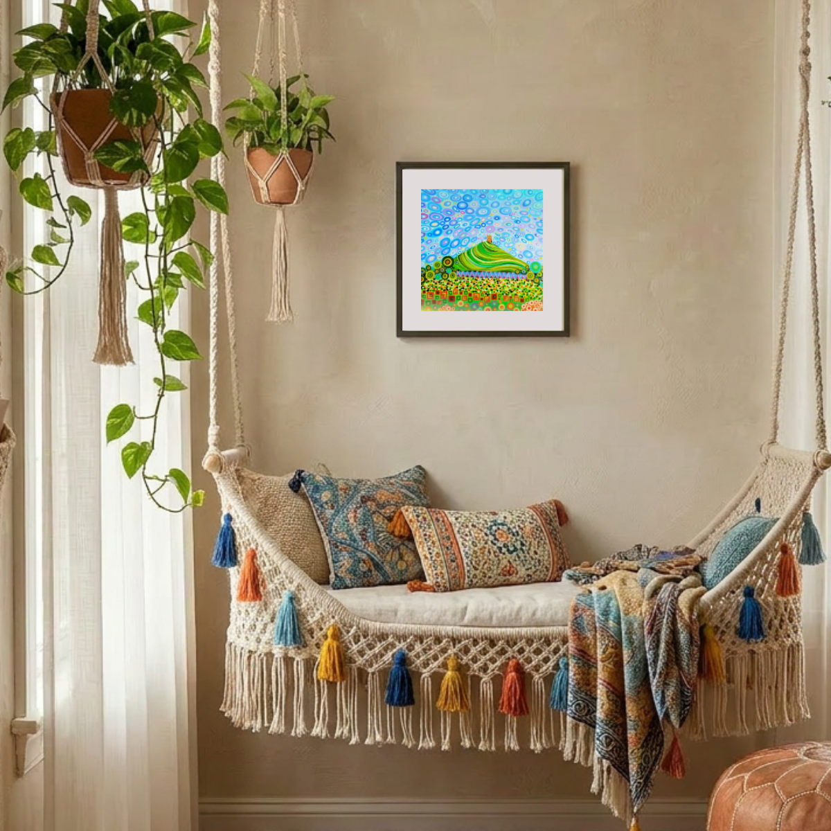 Decorative indoor swing with colourful pillows and a framed painting of Glastonbury Tor on the wall.