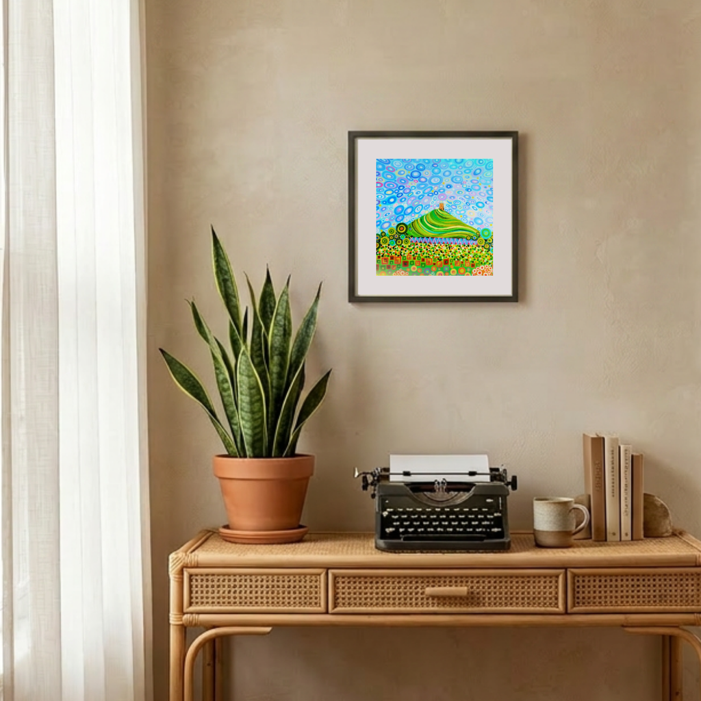 Decorative setup with a potted plant, typewriter, and framed painting on a beige wall.