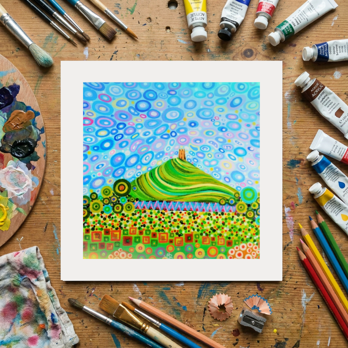 Colourful abstract painting on a wooden surface with art supplies