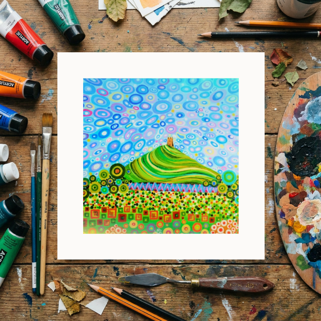 Colourful abstract painting on a wooden surface with art supplies
