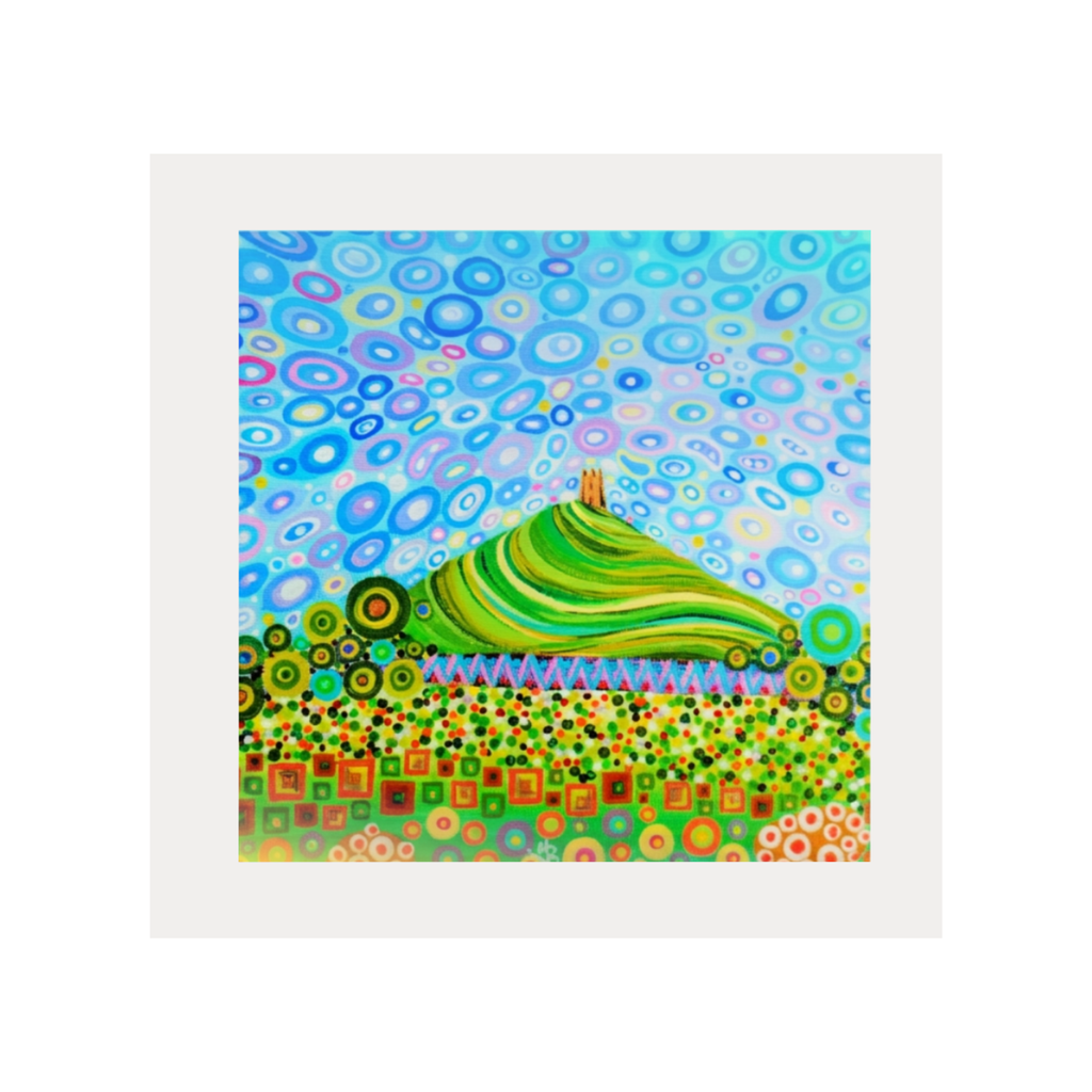 Colourful abstract painting of Glastonbury Tor with a green hill and blue sky.