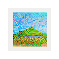 Colourful abstract painting of Glastonbury Tor with a green hill and blue sky.